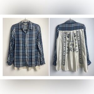Jane And Delancey Small Blue Plaid Mixed Media Embroidered Silky Back Blouse Top